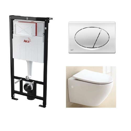 Инсталляция Alcaplast с безободковым унитазом BelBagno Sfera-R BB513CH, сиденье микролифт клавиша хром, комплект