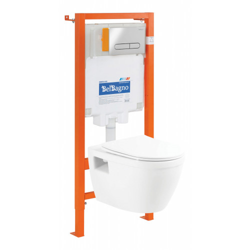 Инсталляция BelBagno с унитазом BelBagno Loto BB070CHR, тонкое сиденье с микролифтом, клавиша хром, комплект 4 в 1