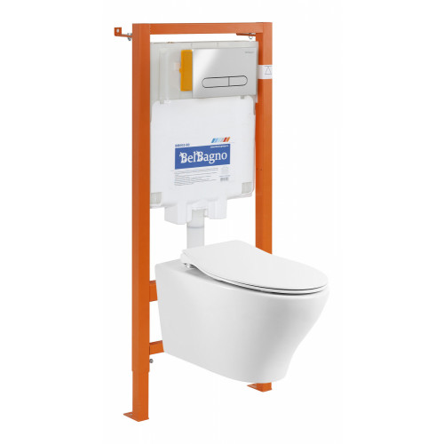 Инсталляция BelBagno с унитазом BelBagno Acqua BB340CHR, тонкое сиденье с микролифтом, клавиша хром, комплект 4 в 1