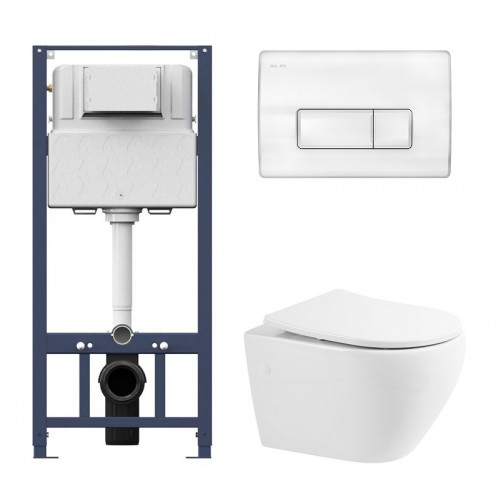 Инсталляция Am.Pm с безободковым унитазом BelBagno Sfera-R BB513CH, сиденье микролифт клавиша белая, комплект