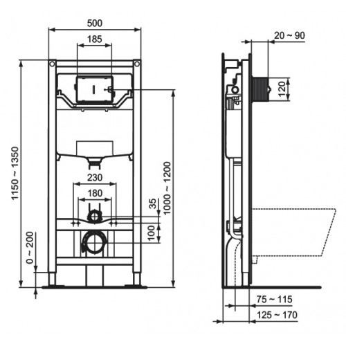 Инсталляция Ideal Standard Prosys Frame 120 M с унитазом Connect Air Rimless K819501, сиденье микролифт, панель смыва, комплект, K819501PA-1