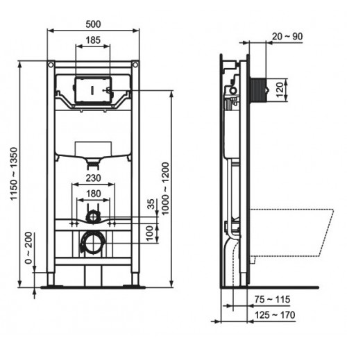 Инсталляция Ideal Standard Prosys Frame 120 M с унитазом Tesi Rimless T355101, сиденье микролифт, панель смыва, комплект, T355101PT-1