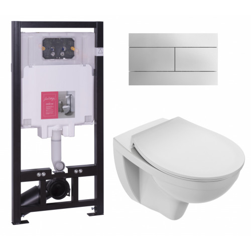 Инсталляция Jacob Delafon с безободковым унитазом Jacob Delafon Patio E21740RU-00, тонкое сиденье с микролифтом, клавиша хром, комплект (E29025+EDV102+E23157+E4316-CP)